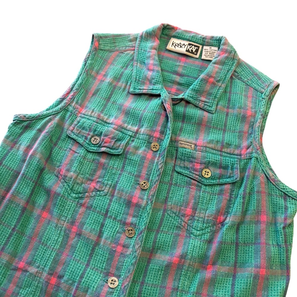90s Krazy Kat Sleeveless Plaid Button Up Green Pink Woven Texture Cottagecore M